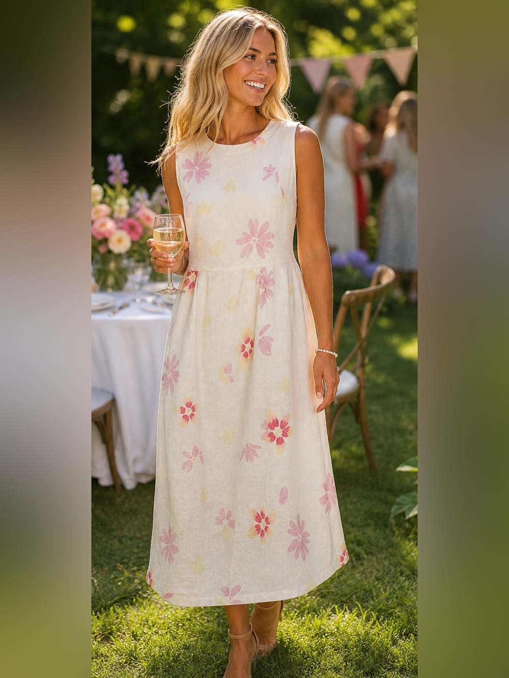 Real Comfort Linen Floral Midi Dress Sleeveless Cottagecore M/L Summer Garden